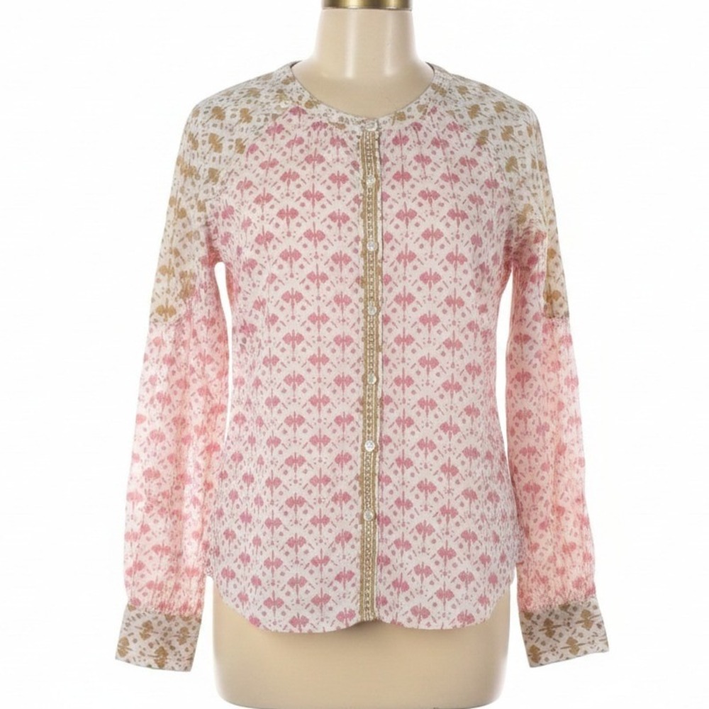 Sundance XS Pink White Geometric Print Blouse Long Sleeve Button Up Boho Chic